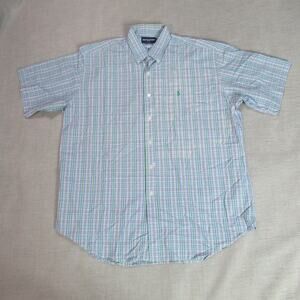 Ralph Lauren Shirt Mens Large Blue Green Plaid Golf Tilden Button Coastal Prep
